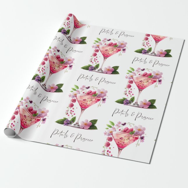 Petals & Prosecco Blush Pink Floral Bridal Shower  Wrapping Paper (Unrolled)