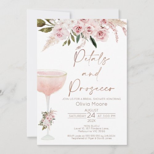 Petals Prosecco Boho Blush Floral Bridal Shower Invitation