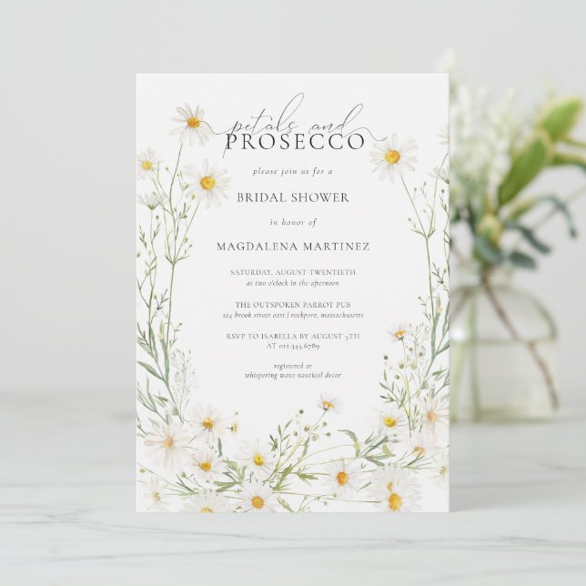 Petals Prosecco Boho Daisy Bridal Shower Invitation (Standing Front)
