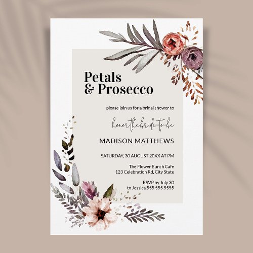 Petals  Prosecco Boho Floral Bridal Shower Invitation