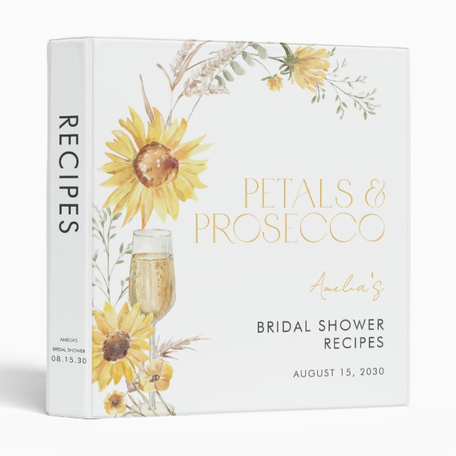 Petals & Prosecco Boho Sunflower Bridal Shower 3 Ring Binder (Front/Spine)