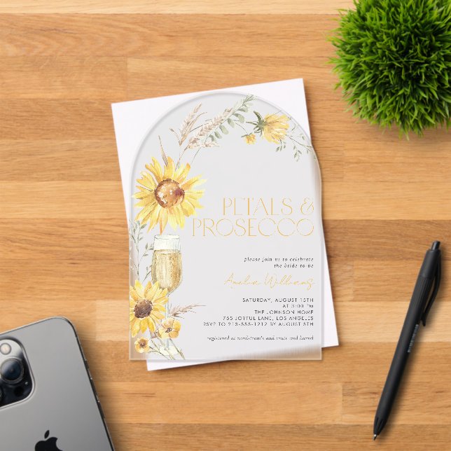 Petals & Prosecco Boho Sunflower Bridal Shower Acrylic Invitations (Insitu (Invitation Card))
