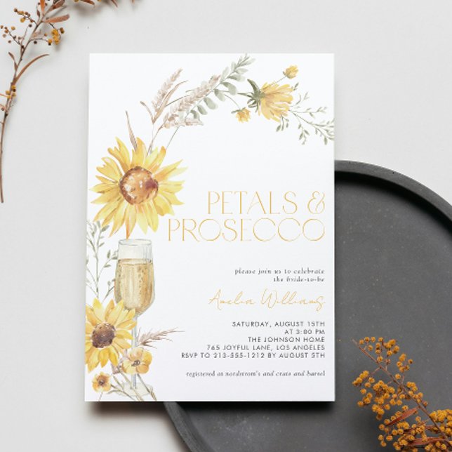 Petals & Prosecco Boho Sunflower Bridal Shower Invitation (Easily personalize this sunflower Petals & Prosecco invite for the perfect fall bridal shower)