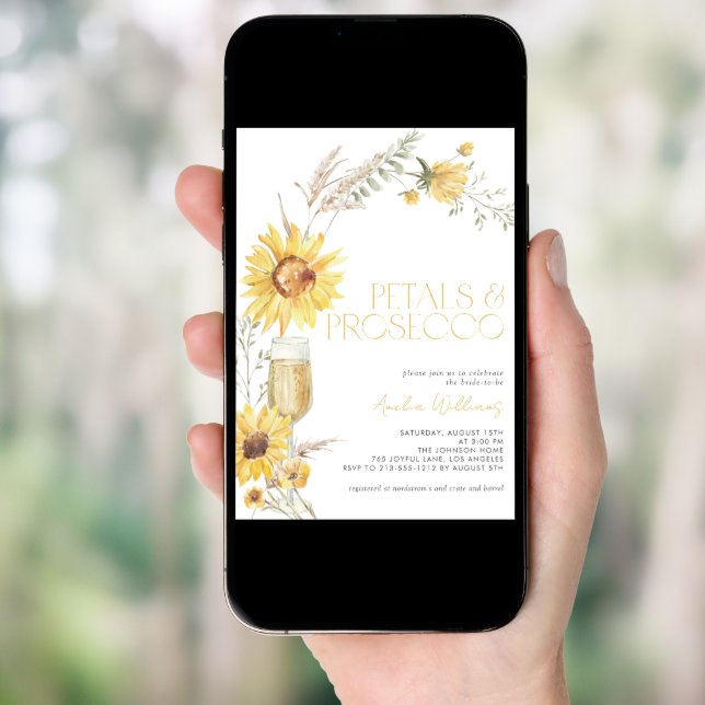 Petals & Prosecco Boho Sunflower Bridal Shower Invitation (Front Digital)