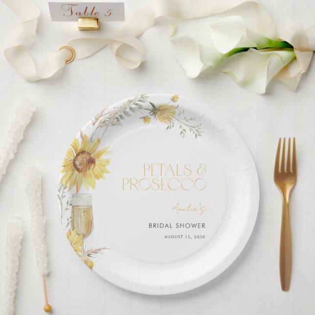 Petals & Prosecco Boho Sunflower Bridal Shower Paper Plates (Wedding)