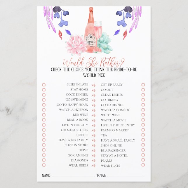 Petals & Prosecco Bridal Game Would She Rather (Front)