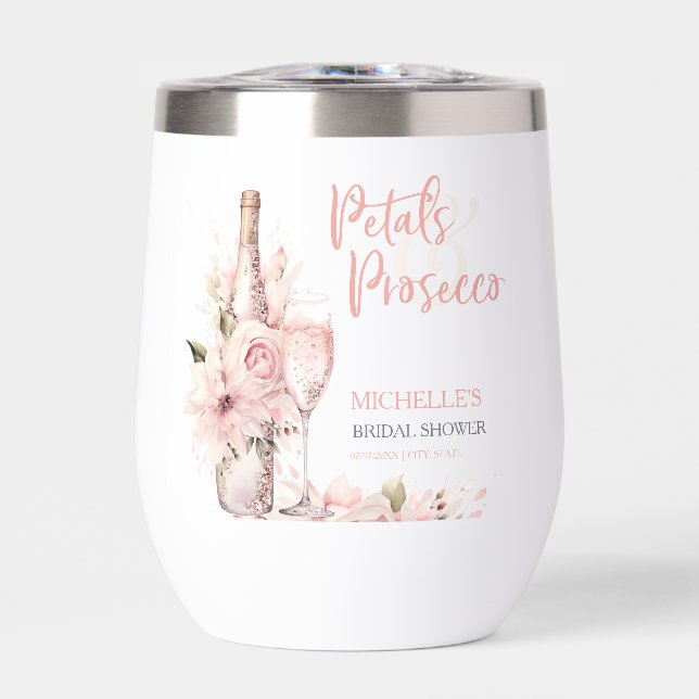 Petals & Prosecco Bridal Shower Blush Pink Floral Thermal Wine Tumbler (Front)