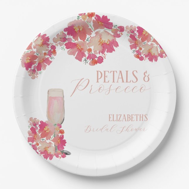 Petals & Prosecco Bridal Shower Floral Pink Paper Plates (Front)
