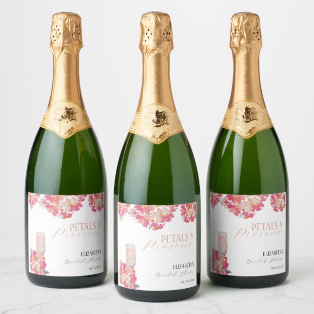 Petals & Prosecco Bridal Shower Floral Pink Sparkling Wine Label (Bottles)