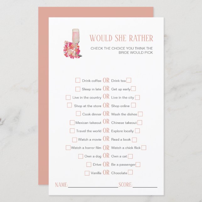 Petals & Prosecco Bridal Shower Would she rather (Front/Back)