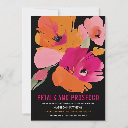 Petals &amp; Prosecco Bright Abstract Floral Black Invitation