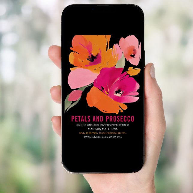 Petals & Prosecco Bright Abstract Floral Black Invitation (Front Digital)