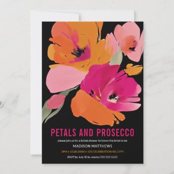 Petals & Prosecco Bright Abstract Floral Black Invitation by Gorjo_Designs at Zazzle