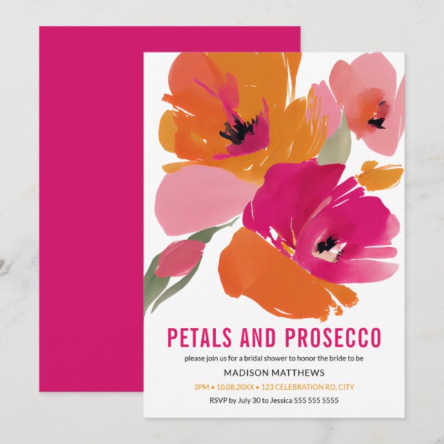 Petals & Prosecco Bright Abstract Floral Bridal  Invitation (Front/Back)