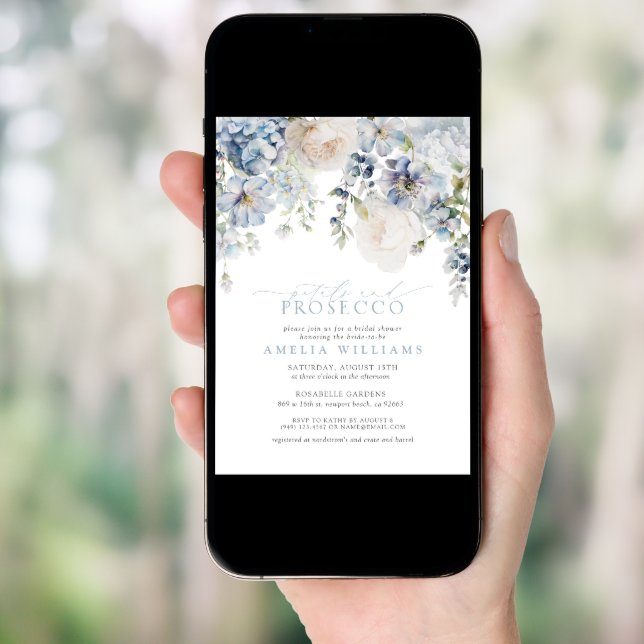 Petals & Prosecco Dusty Blue Floral Bridal Shower Invitation (Front Digital)
