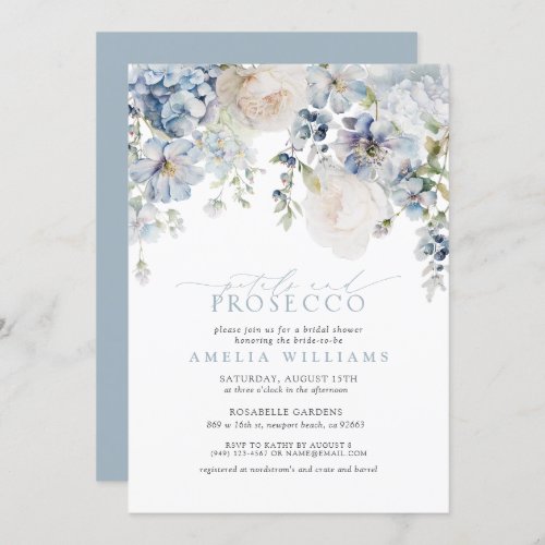 Petals  Prosecco Dusty Blue Floral Bridal Shower Invitation