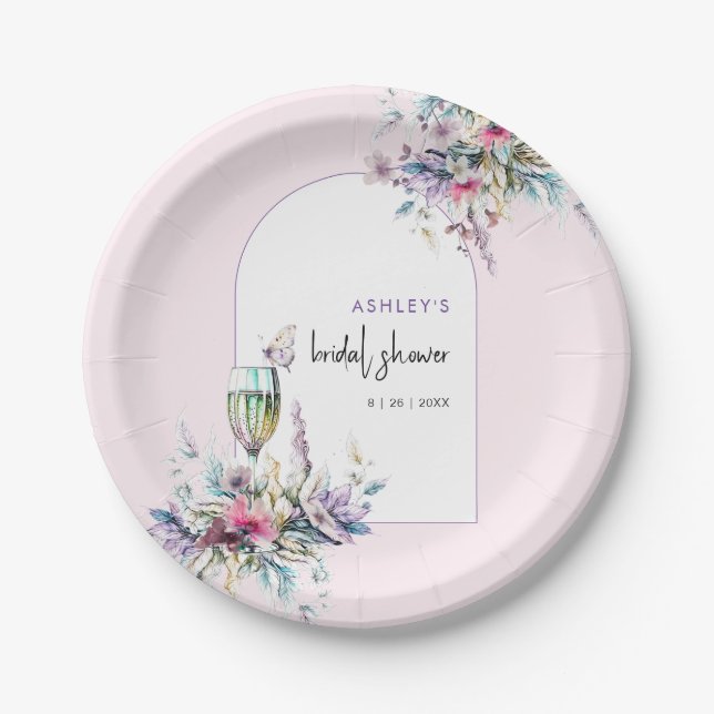 Petals & Prosecco Floral Arch Bridal Shower Paper Plates (Front)