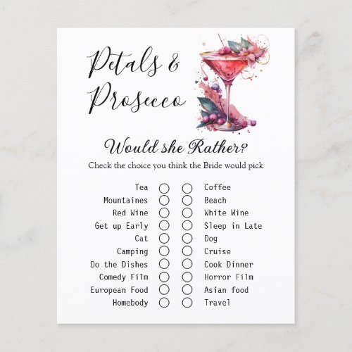 Petals  Prosecco Floral Bridal Shower Game Card