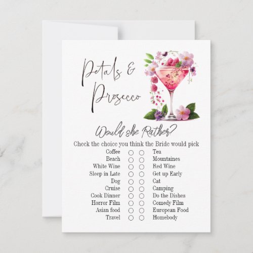 Petals  Prosecco Floral Bridal Shower Game Card