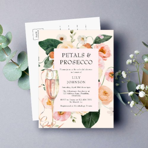 Petals  Prosecco Floral Bridal Shower Invitation Postcard