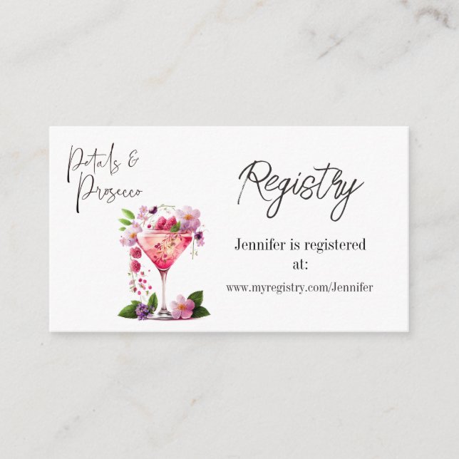Petals Prosecco Floral Bridal Shower Registry Card (Front)