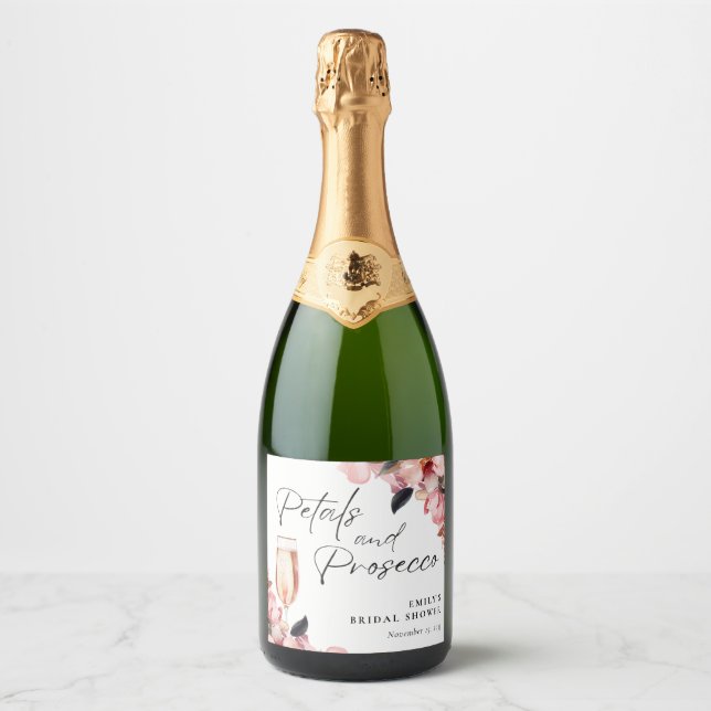 Petals & Prosecco Floral Bridal Shower Sparkling Wine Label (Front)