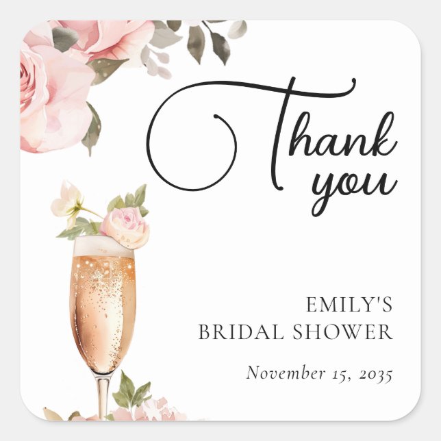 Petals & Prosecco Floral Bridal Shower Square Sticker (Front)