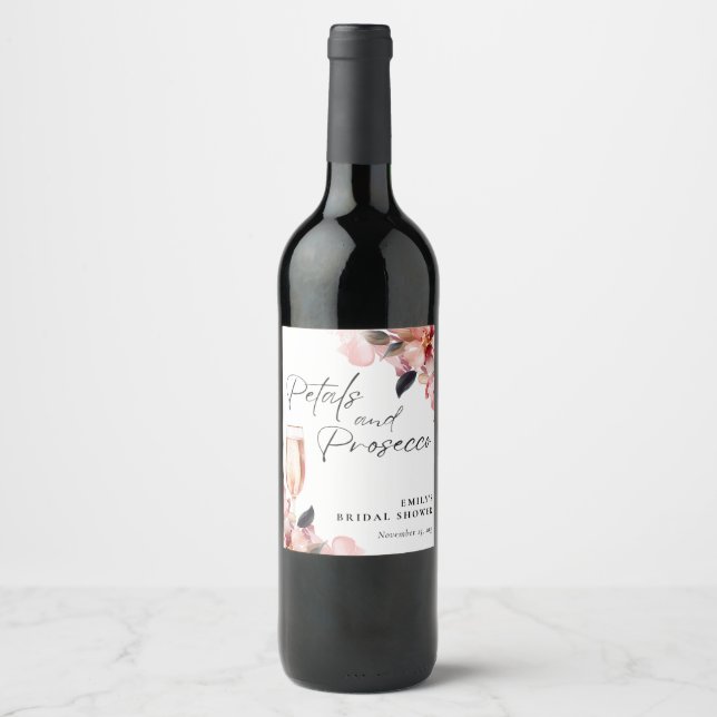 Petals & Prosecco Floral Bridal Shower Wine Label (Front)