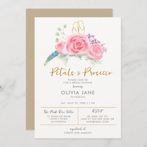 Petals Prosecco Floral Gold Bubbly Bridal Shower Invitation