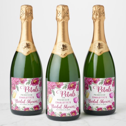 Petals  Prosecco Floral Hot Pink Bridal Shower Sparkling Wine Label
