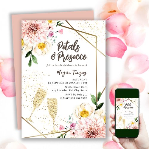 Petals  Prosecco  Floral Pink Bridal Shower Invitation