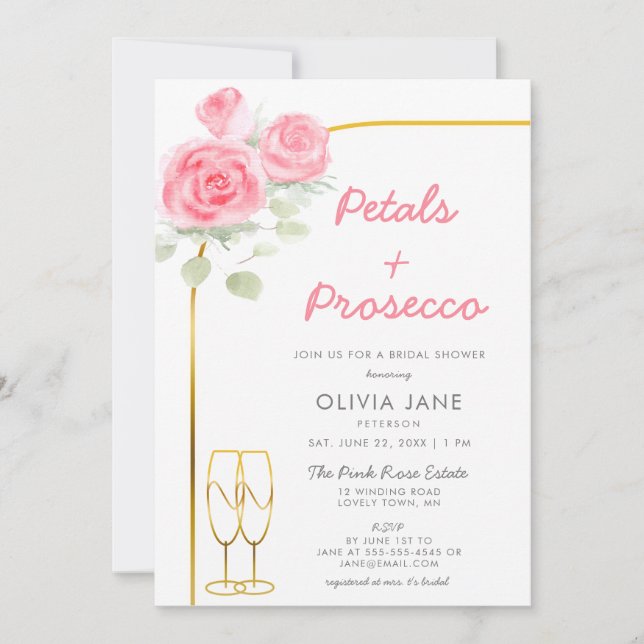 Petals Prosecco Gold Boho Roses Arch Bridal Shower Invitation (Front)
