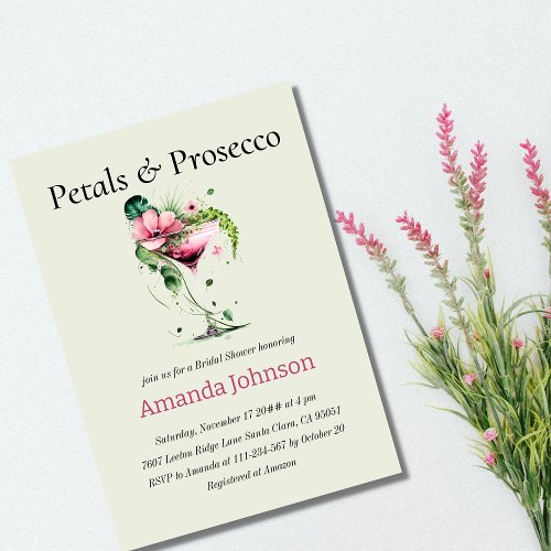 Petals  Prosecco Greenery Flowers Bridal Shower Invitation