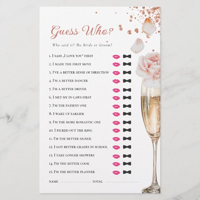 Petals & Prosecco Guess Who Bridal Shower Game Stationery (Front)