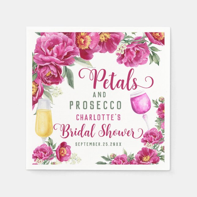 Petals & Prosecco Hot Pink Floral Bridal Shower Napkins (Front)