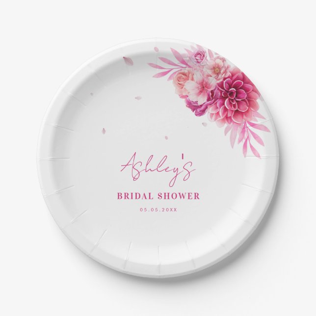 Petals & Prosecco Hot Pink Floral Bridal Shower Paper Plates (Front)