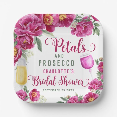 Petals  Prosecco Hot Pink Floral Bridal Shower Paper Plates