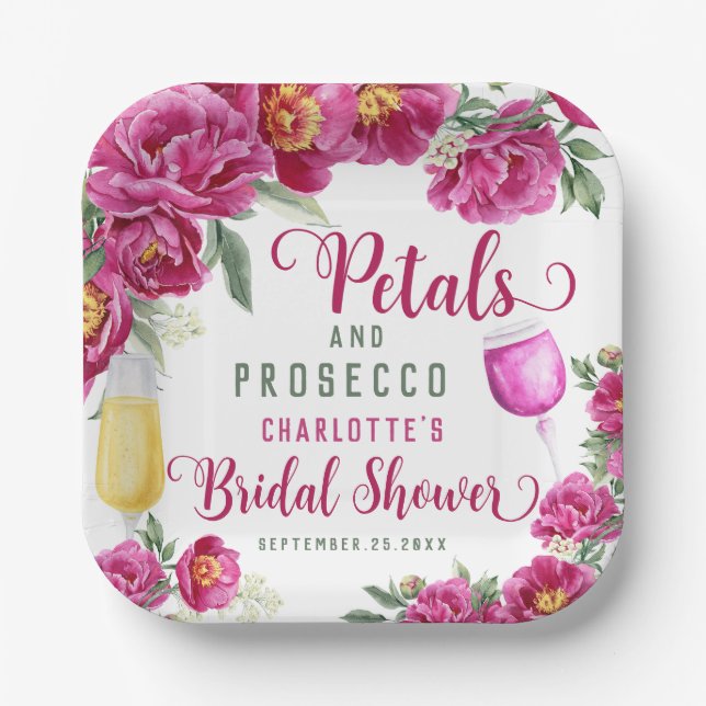 Petals & Prosecco Hot Pink Floral Bridal Shower Paper Plates (Front)