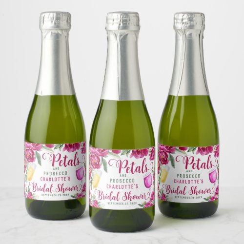 Petals  Prosecco Hot Pink Floral Bridal Shower Sparkling Wine Label