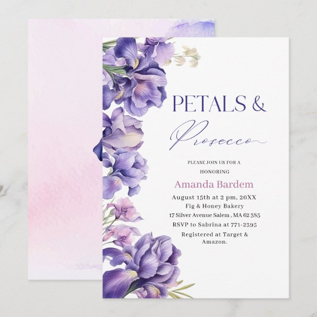 PETALS & PROSECCO IRIS FLOWER Watercolor  bridal s Invitation (Front/Back)