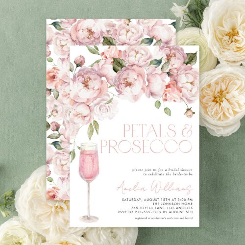 Petals  Prosecco Modern Pink Floral Bridal Shower Invitation