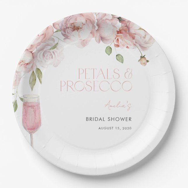 Petals & Prosecco Modern Pink Floral Bridal Shower Paper Plates (Front)