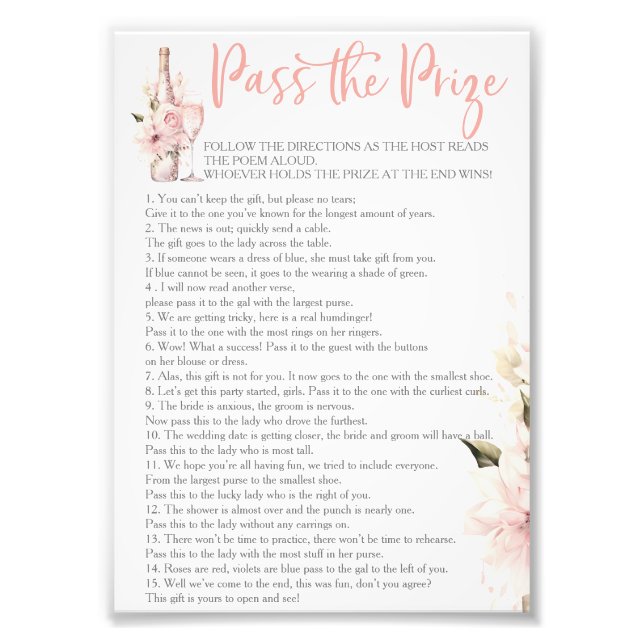 Petals Prosecco Pass the Prize Bridal Shower Game Photo Print (Front)