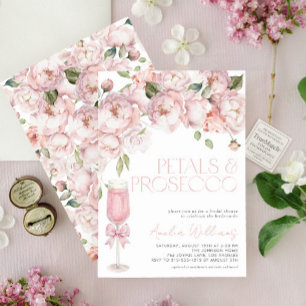 Petals & Prosecco Pink Bow Floral Bridal Shower Invitation