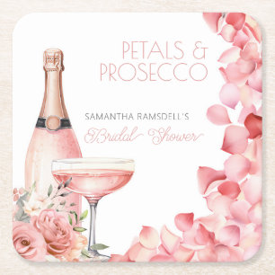 Petals & Prosecco Pink Bridal Shower Square Paper Coaster