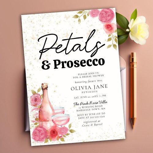 Petals Prosecco Pink Floral Boho Bridal Shower Invitation