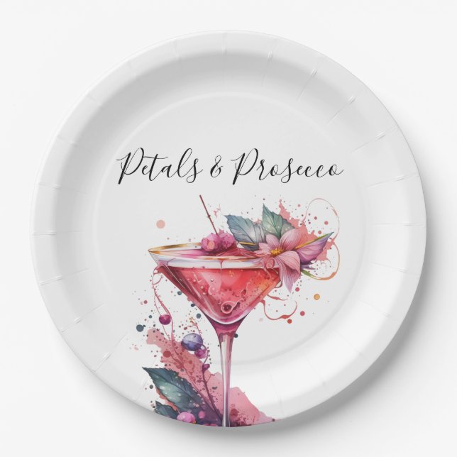 Petals & Prosecco Pink Floral Bridal Shower  Paper Plates (Front)