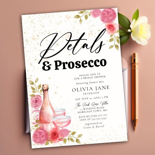 Petals Prosecco Pink Floral Gold Bridal Shower Invitation