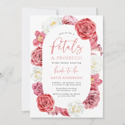 Petals  Prosecco Pink Floral Rose Bridal Shower Invitation