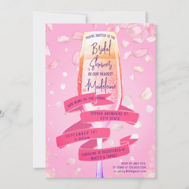 Petals & Prosecco Pink Ribbon Garden Bridal Shower Invitation (Front)